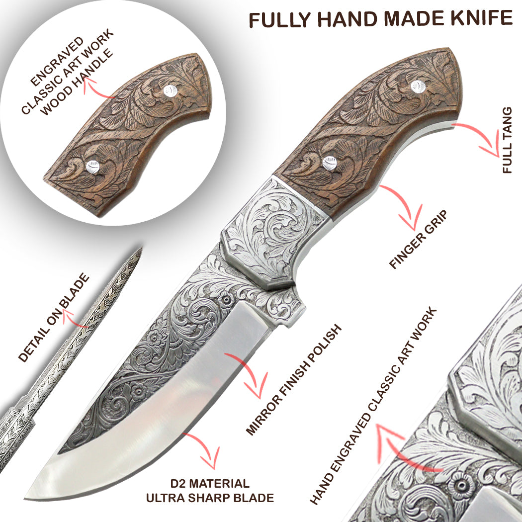 TheBoneEdge 10" Rose Wood Handle Engraved Blade Tracker Hunting knife
