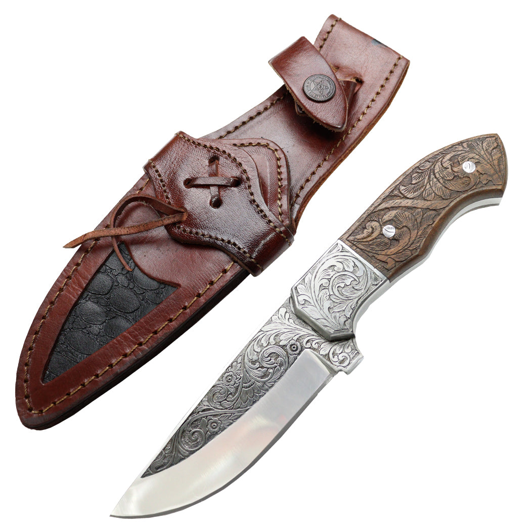 TheBoneEdge 10" Rose Wood Handle Engraved Blade Tracker Hunting knife
