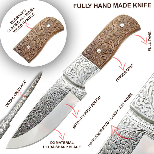 TheBoneEdge 9" Engraved Blade Rose Wood Handle Tracker Hunting knife