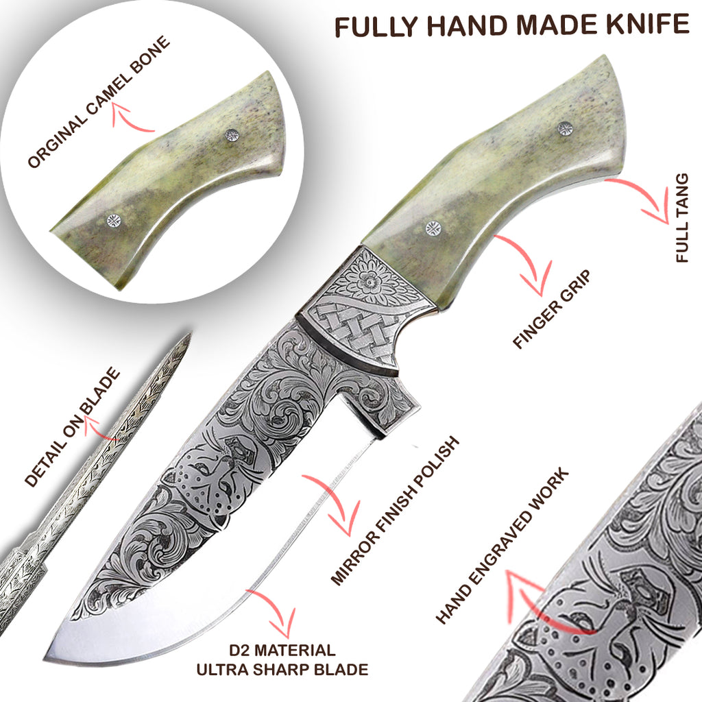 TheBoneEdge 10" Green & Brown Handle Engraved Blade Tracker Hunting knife