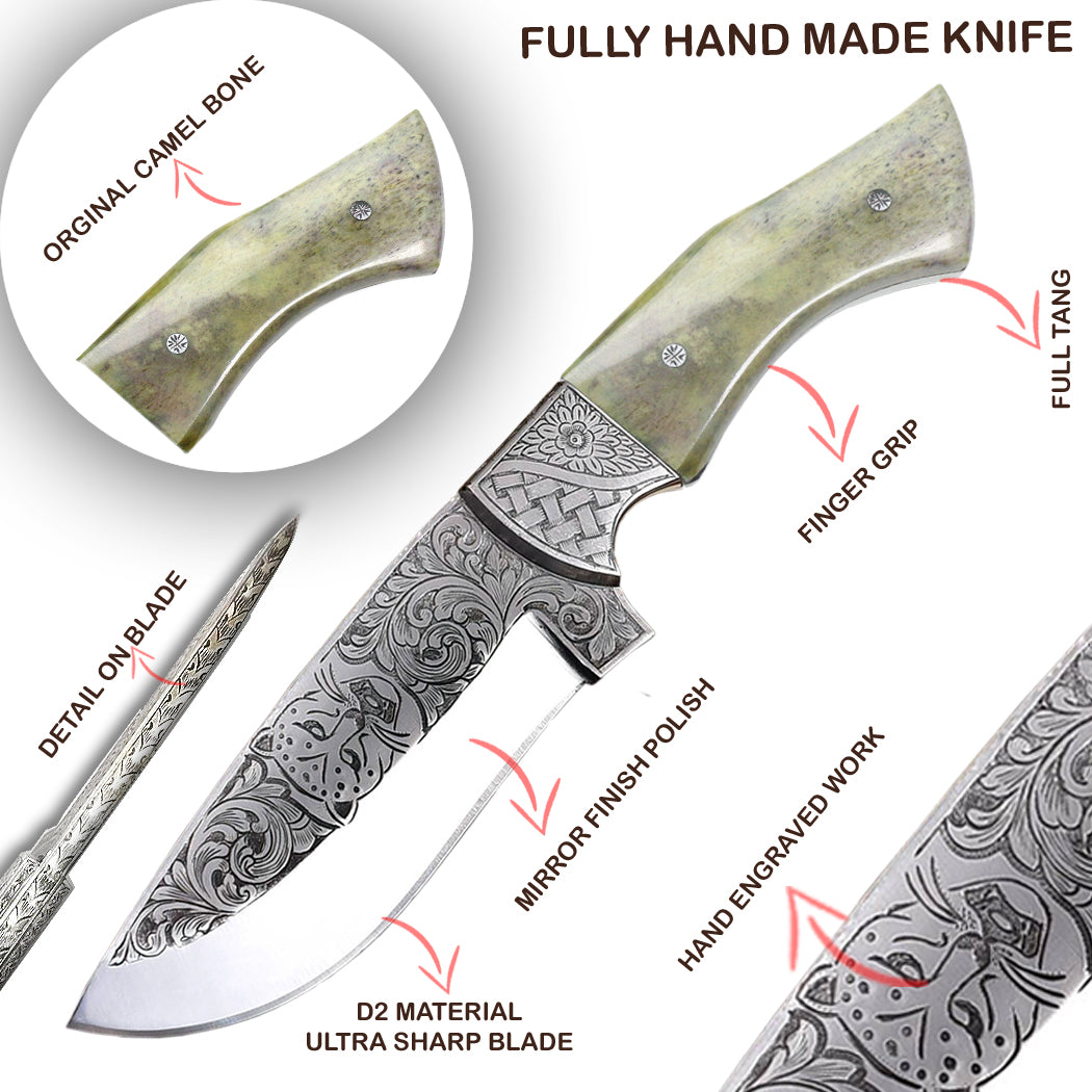 TheBoneEdge 10" Green & Brown Handle Engraved Blade Tracker Hunting knife