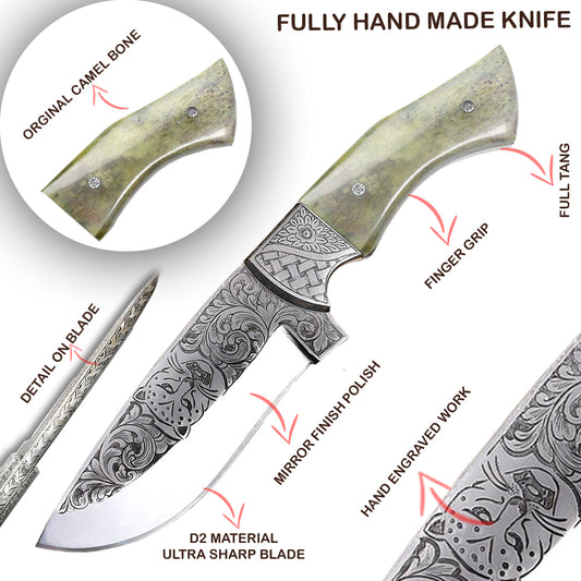 TheBoneEdge 10" Green & Brown Handle Engraved Blade Tracker Hunting knife