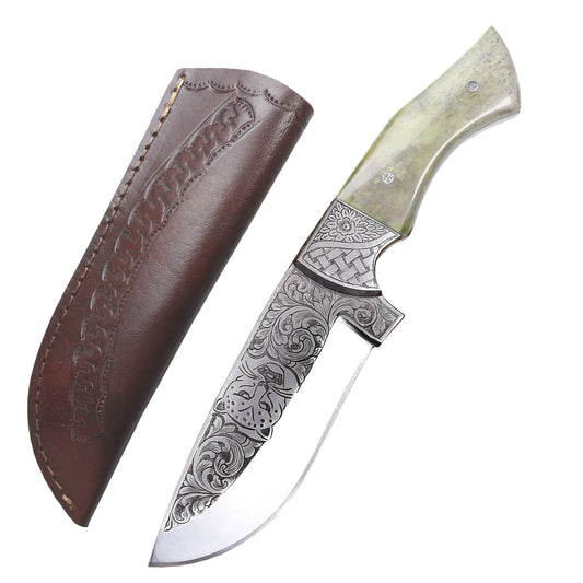 TheBoneEdge 10" Green & Brown Handle Engraved Blade Tracker Hunting knife
