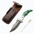 TheBoneEdge 7.5" Damascus Blade Hand Made Folding Knife Green Resin Handle With Pouch