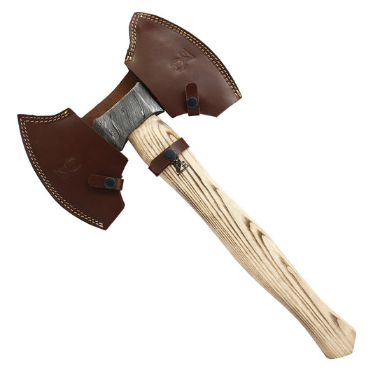 TheBoneEdge 20.5" Double Edge Damascus Blade Hunting Axe Ash Wood Handle With Sheath