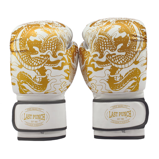 Last Punch 3D Printed Pro Style Training Sparring Boxing Gloves - White & Gold 14 Oz 