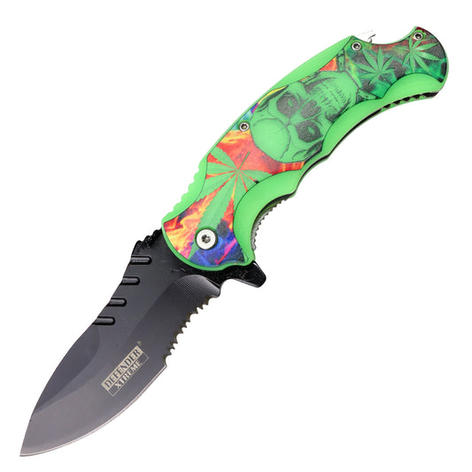 Defender-Xtreme 8" Skull & Leaf Design Bottle Opener Handle Spring Assisted Folding Knife