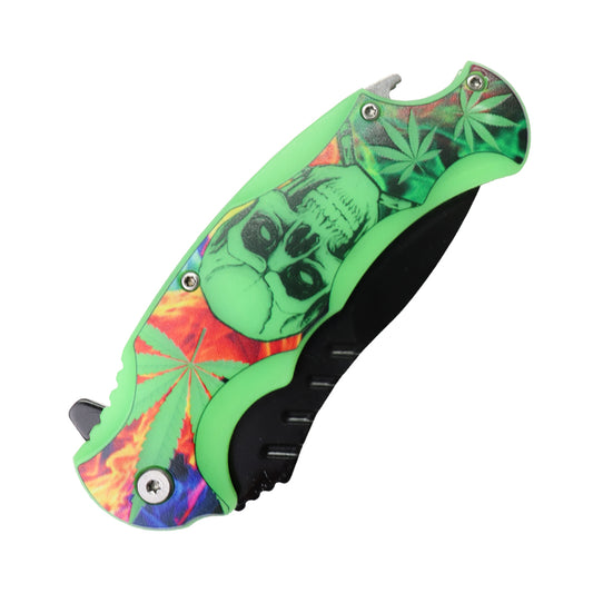 Defender-Xtreme 8" Skull & Leaf Design Bottle Opener Handle Spring Assisted Folding Knife