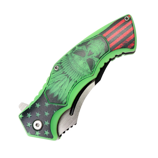 Defender-Xtreme 8.5" Star & Dead Chief Design Handle Spring Assisted Folding Knife Tactical Sharp Blade