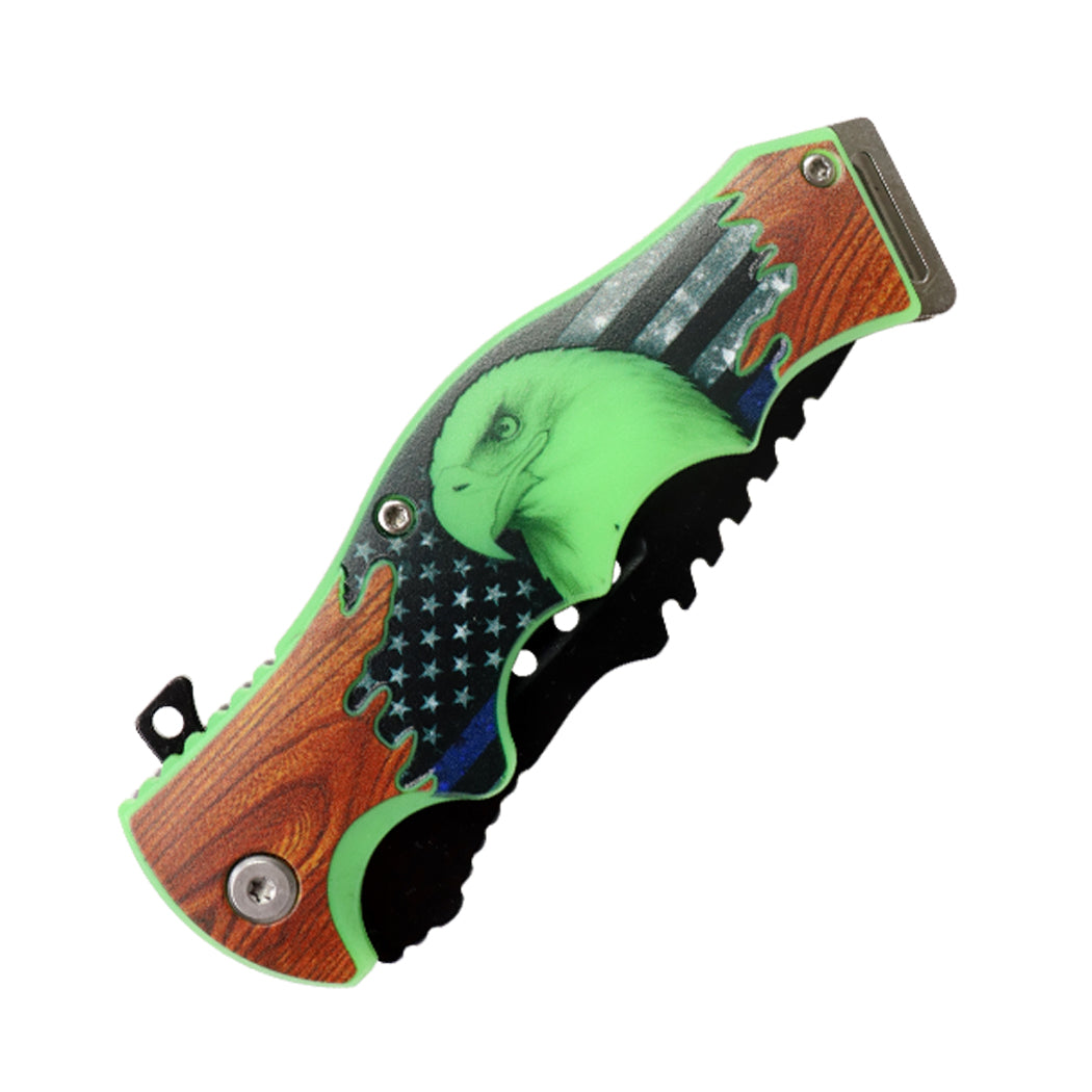 Defender-Xtreme 8.5" Eagle Design Handle Spring Assisted Folding Knife With Belt Cutter