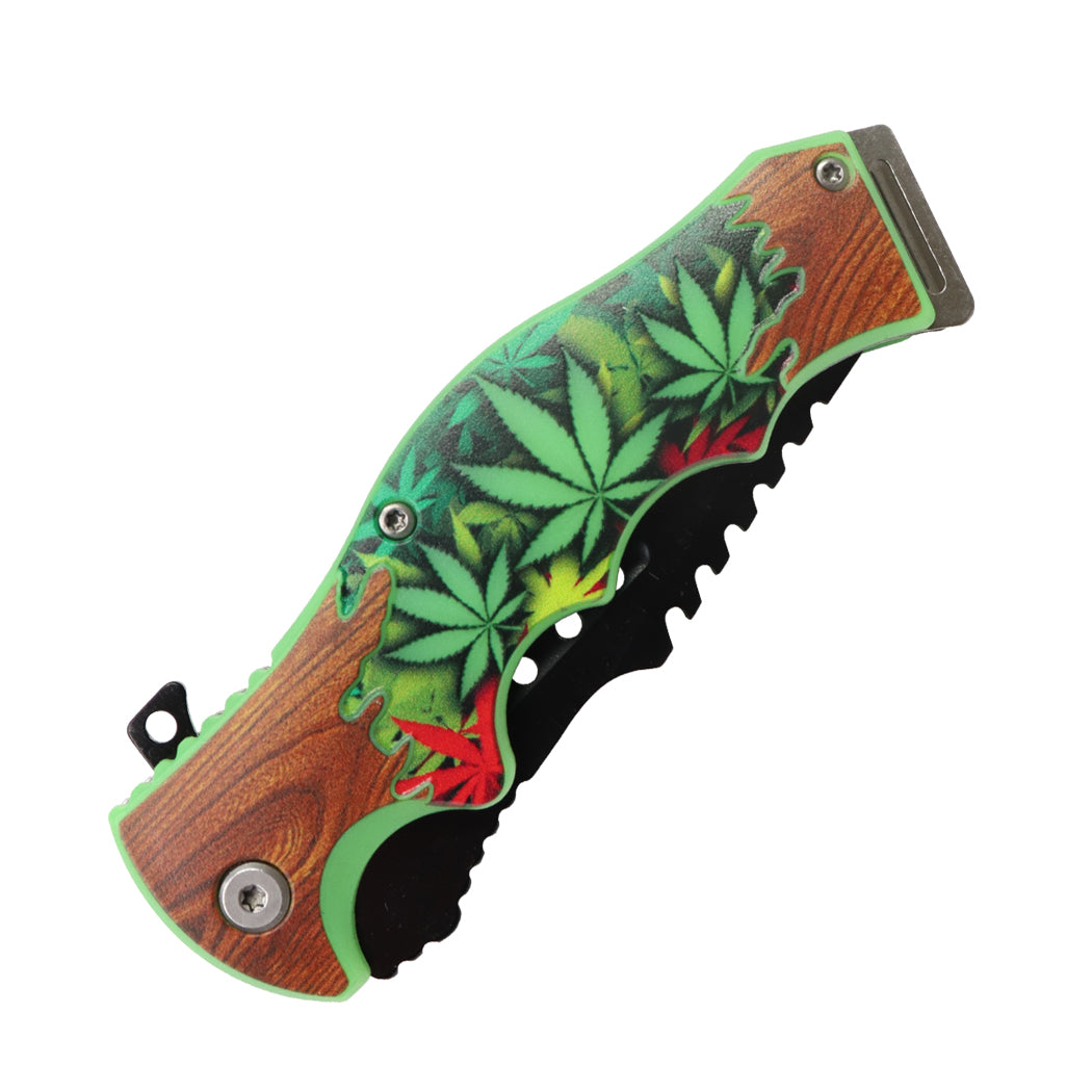 Defender-Xtreme 8.5" Leaf Design Handle Spring Assisted Folding Knife With Belt Cutter