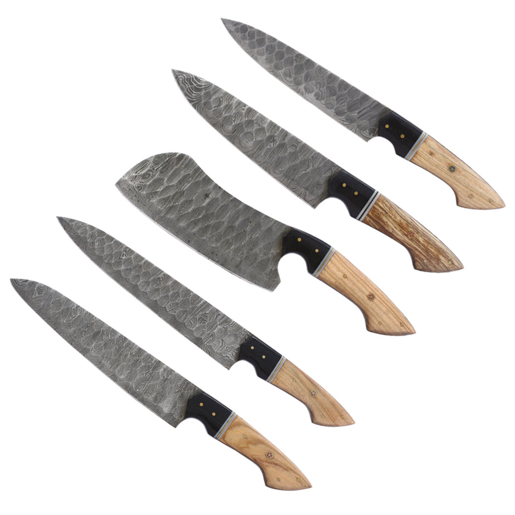 TheBoneEdge 5 Pcs Damascus Fordge Blade Chef's Knife Set With Wood & Resin Handle