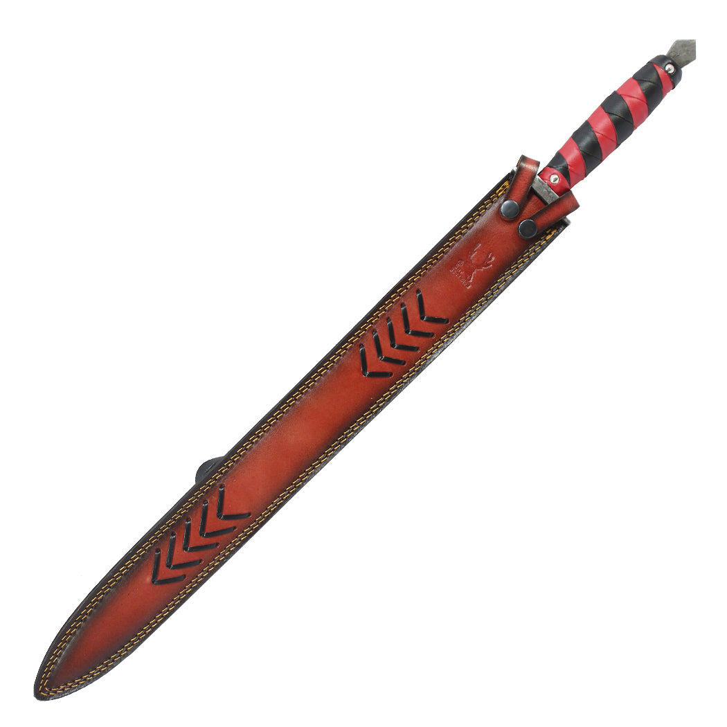 TheBoneEdge 28" Damascus Blade Mini Sword With Leather Red & Black Wrap Handle & Sheath