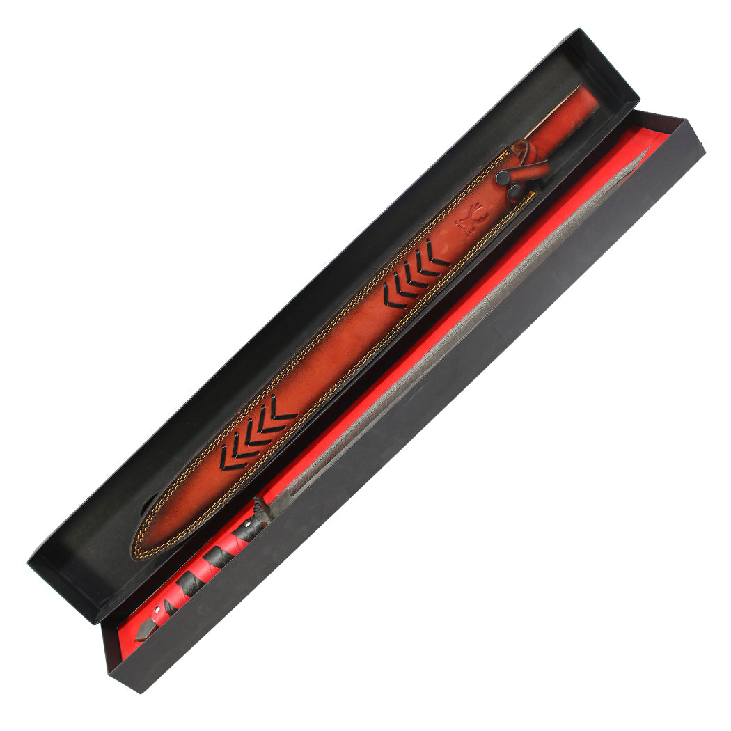 TheBoneEdge 28" Damascus Blade Mini Sword With Leather Red & Black Wrap Handle & Sheath