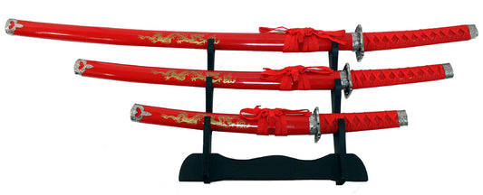 3Pc Set of Japanese Samurai Ninja Katana Swords Good Quality Red Dragon Design