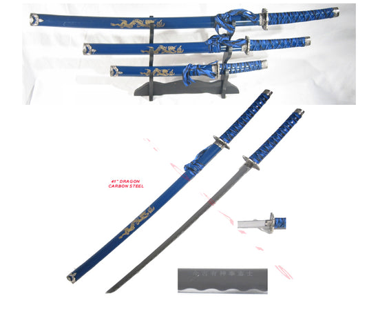 3Pc Set of Japanese Samurai Ninja Katana Swords Good Quality Blue Dragon Design
