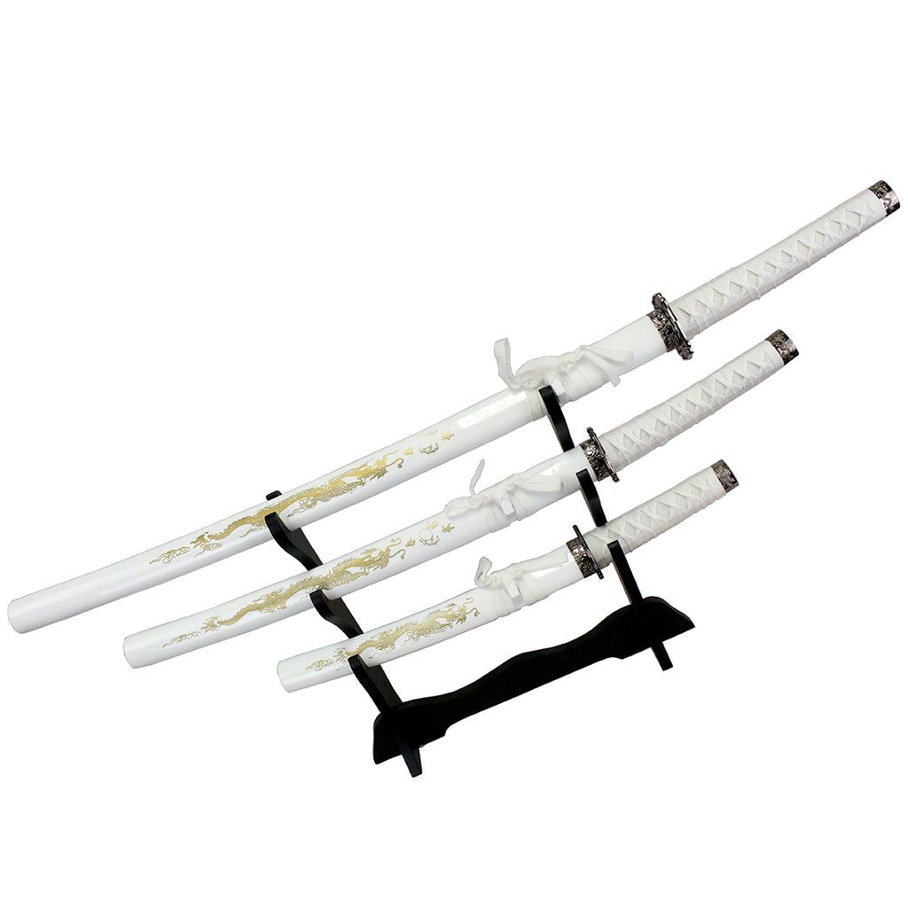 3Pc Set of Japanese Samurai Ninja Katana Swords Good Quality White Dragon Design