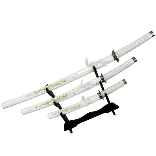 3Pc Set of Japanese Samurai Ninja Katana Swords Good Quality White Dragon Design