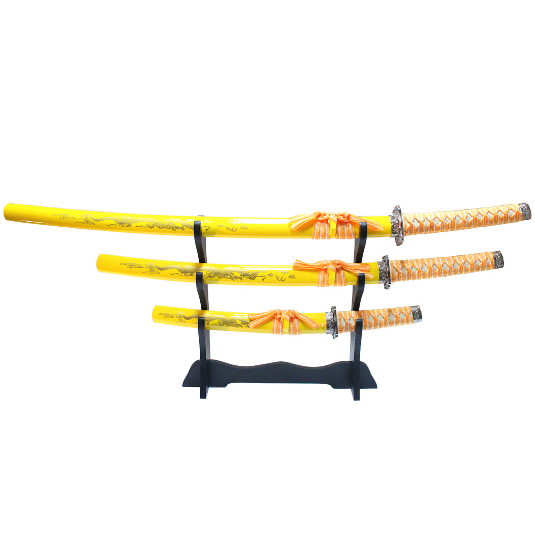 3Pc Set of Japanese Samurai Ninja Katana Swords Good Quality Yellow Dragon Design