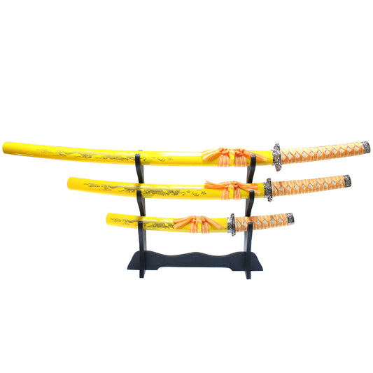 3Pc Set of Japanese Samurai Ninja Katana Swords Good Quality Yellow Dragon Design
