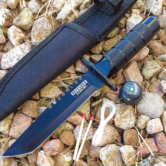 8" Outdoor Camping Stainless steel Knife Hunting Fire Starter Kit Compass Sheath - Black Tanto