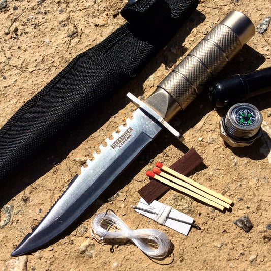 8" Outdoor Camping Stainless steel Knife Hunting Fire Starter Kit Compass Sheath - Silver Trailing