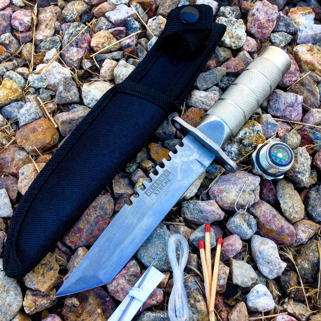 8" Outdoor Camping Stainless steel Knife Hunting Fire Starter Kit Compass Sheath - Silver Tanto