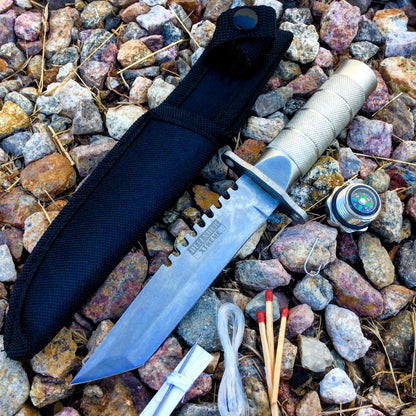 8" Outdoor Camping Stainless steel Knife Hunting Fire Starter Kit Compass Sheath - Silver Tanto