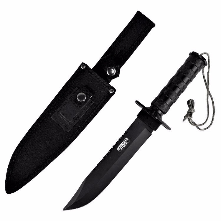 14" Camping Stainless steel Hunting Knife Survival Fire Starter Kit Compass Sheath - Black Straight