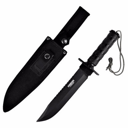 14" Camping Stainless steel Hunting Knife Survival Fire Starter Kit Compass Sheath - Black Straight
