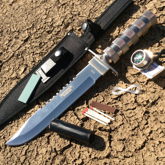 14" Camping Stainless steel Hunting Knife Survival Fire Starter Kit Compass Sheath - Silver Straight