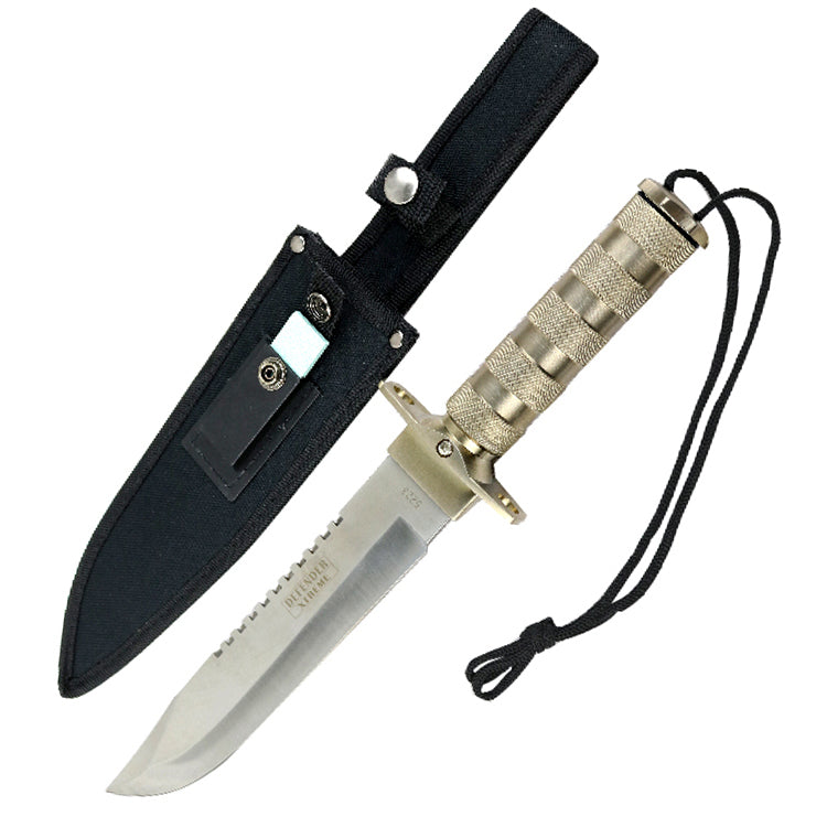 14" Camping Stainless steel Hunting Knife Survival Fire Starter Kit Compass Sheath - Silver Straight