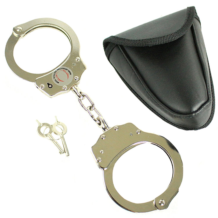 Chain Link Style Handcuffs Double Lock Hand Cuffs With Leather Pouch +2 Keys Silver