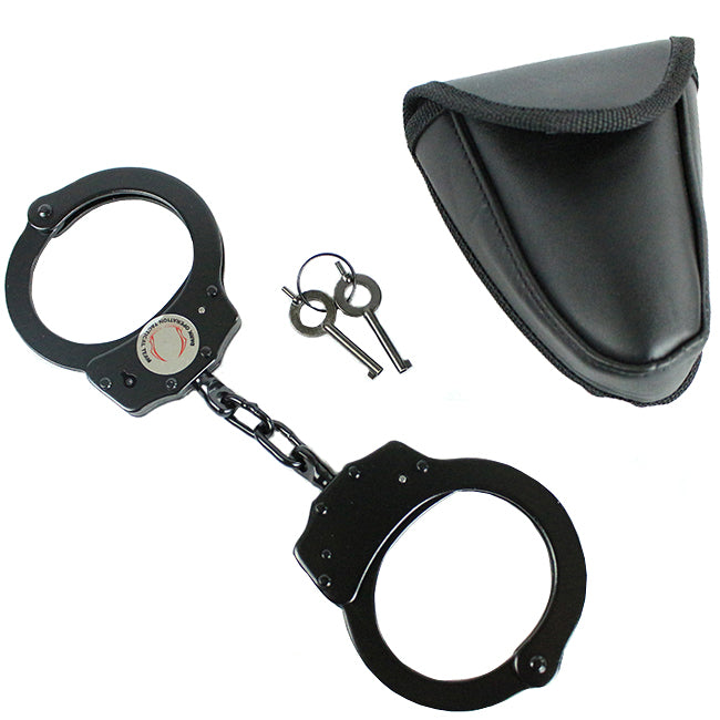 Chain Link Style Handcuffs Double Lock Hand Cuffs With Leather Pouch +2 Keys Black