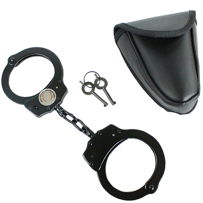 Chain Link Style Handcuffs Double Lock Hand Cuffs With Leather Pouch +2 Keys Black