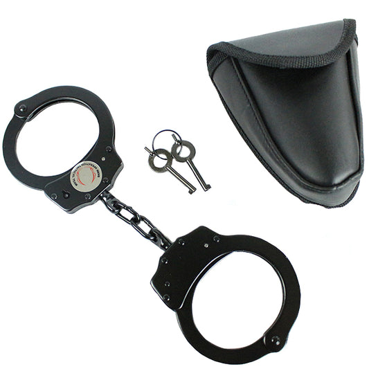 Chain Link Style Handcuffs Double Lock Hand Cuffs With Leather Pouch +2 Keys Black