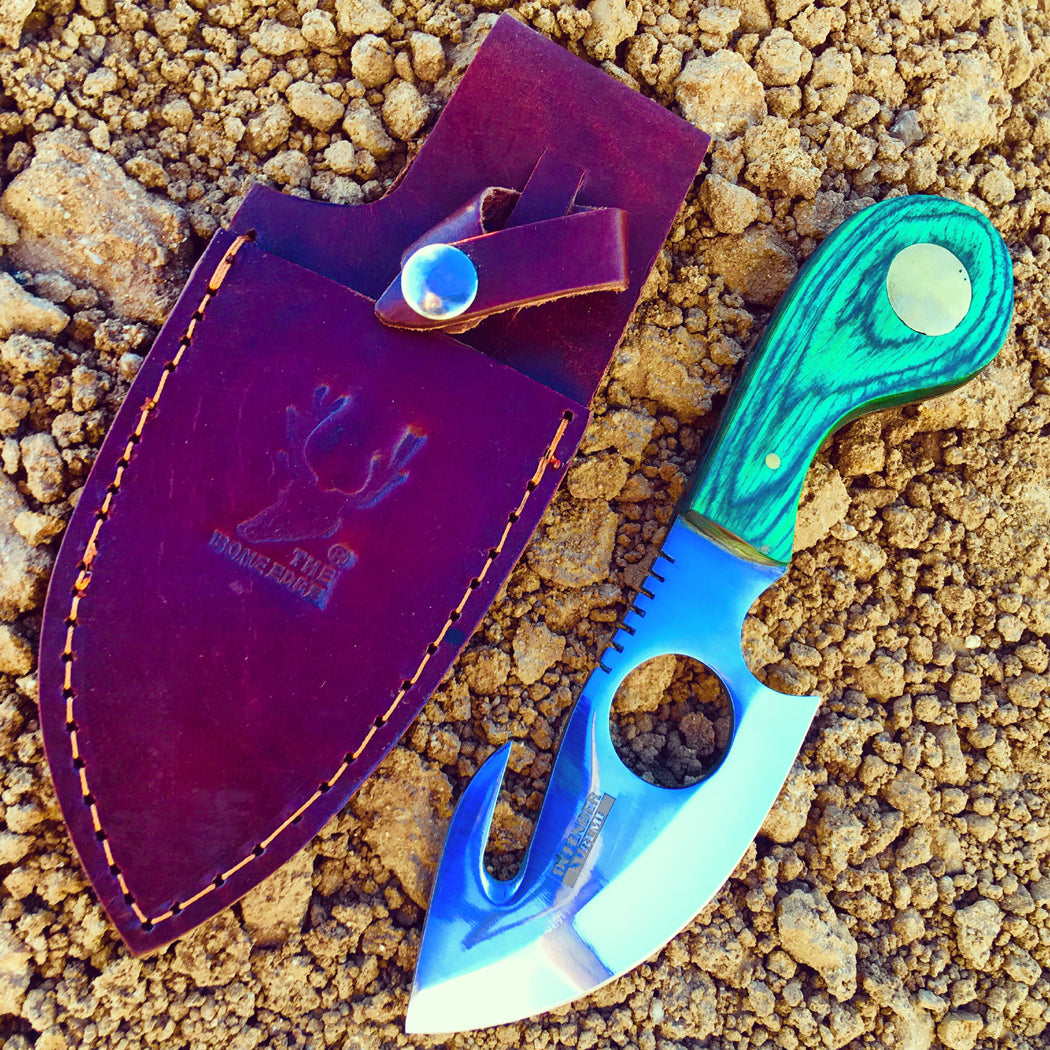 7" Full Tang Stainless Steel Sharp Skinner Knife with Real Leather Sheath Gut Hook Blade - Green