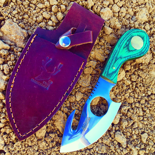 7" Full Tang Stainless Steel Sharp Skinner Knife with Real Leather Sheath Gut Hook Blade - Green