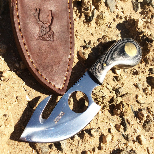 7" Full Tang Stainless Steel Sharp Skinner Knife with Real Leather Sheath Gut Hook Blade - Black