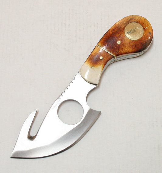 7" Full Tang Stainless Steel Sharp Skinner Knife with Real Leather Sheath Gut Hook Blade - Brown