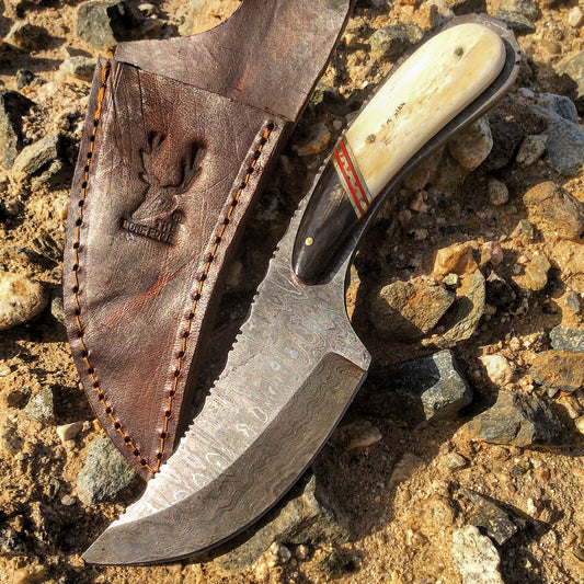 TheBoneEdge 8.5" Damascus Blade Skinner Knife Series Leather Sheath