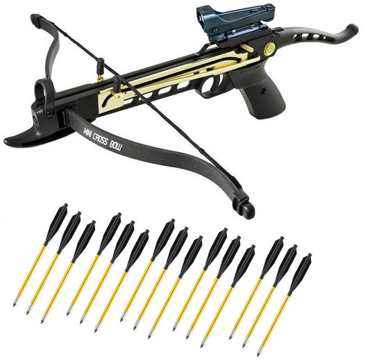 80lbs Self Cocking Metal Gold Hunting Pistol Crossbow 15 Arrows Red Dot Scope