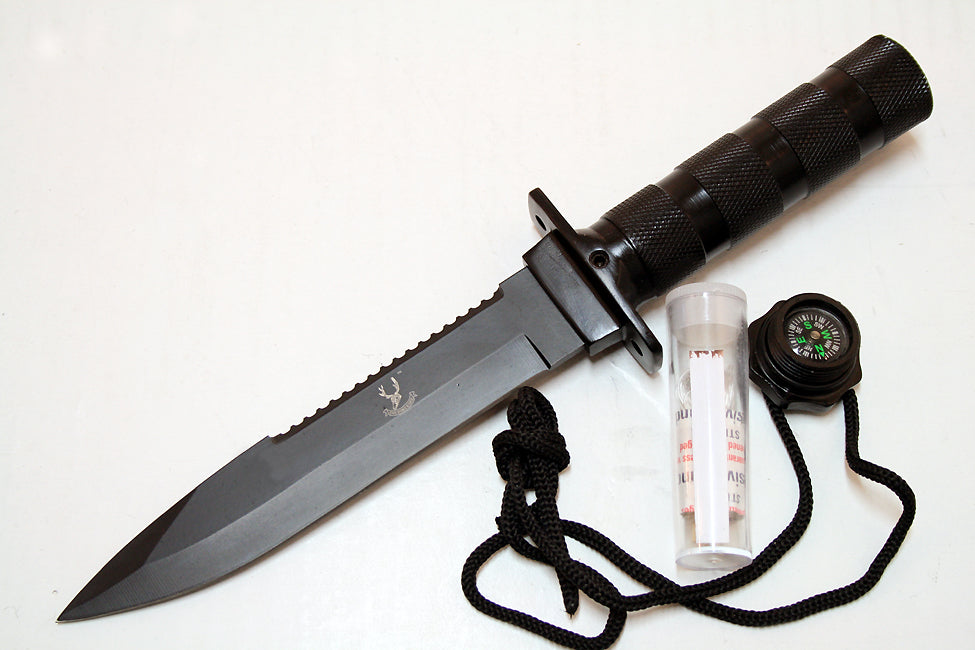 10.5" Fixed Blade Hunting Survival Knife Camping Fire Starter Kit Compass Black Smooth