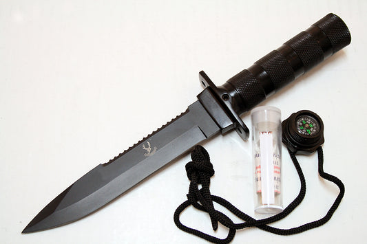 10.5" Fixed Blade Hunting Survival Knife Camping Fire Starter Kit Compass Black Smooth