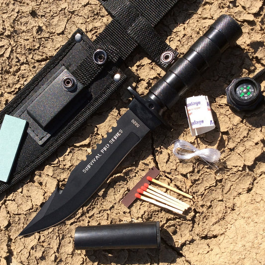 10.5" Fixed Blade Hunting Survival Knife Camping Fire Starter Kit Compass Black Gut Hook