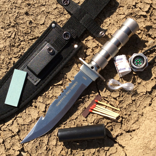 10.5" Fixed Blade Hunting Survival Knife Camping Fire Starter Kit Compass Silver Gut Hook