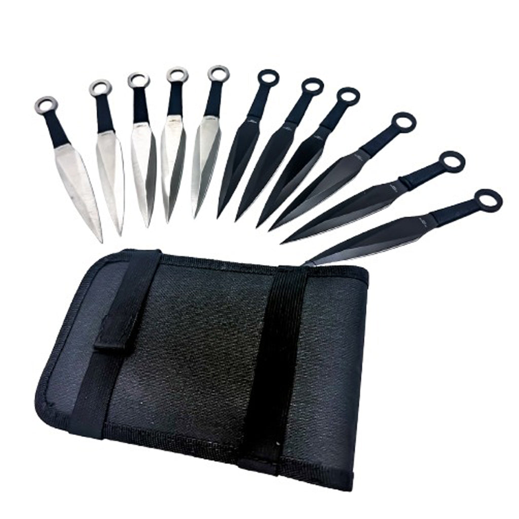 Defender Ninja 12pc Black & Silver Throwing Knives Set with Pouch New