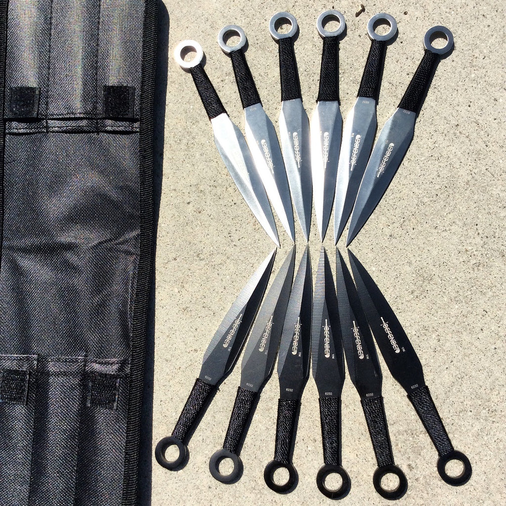 Defender Ninja 12pc Black & Silver Throwing Knives Set with Pouch New