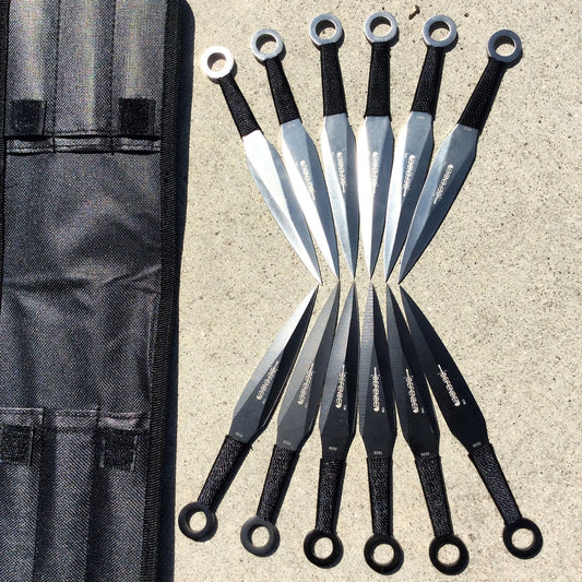 Defender Ninja 12pc Black & Silver Throwing Knives Set with Pouch New