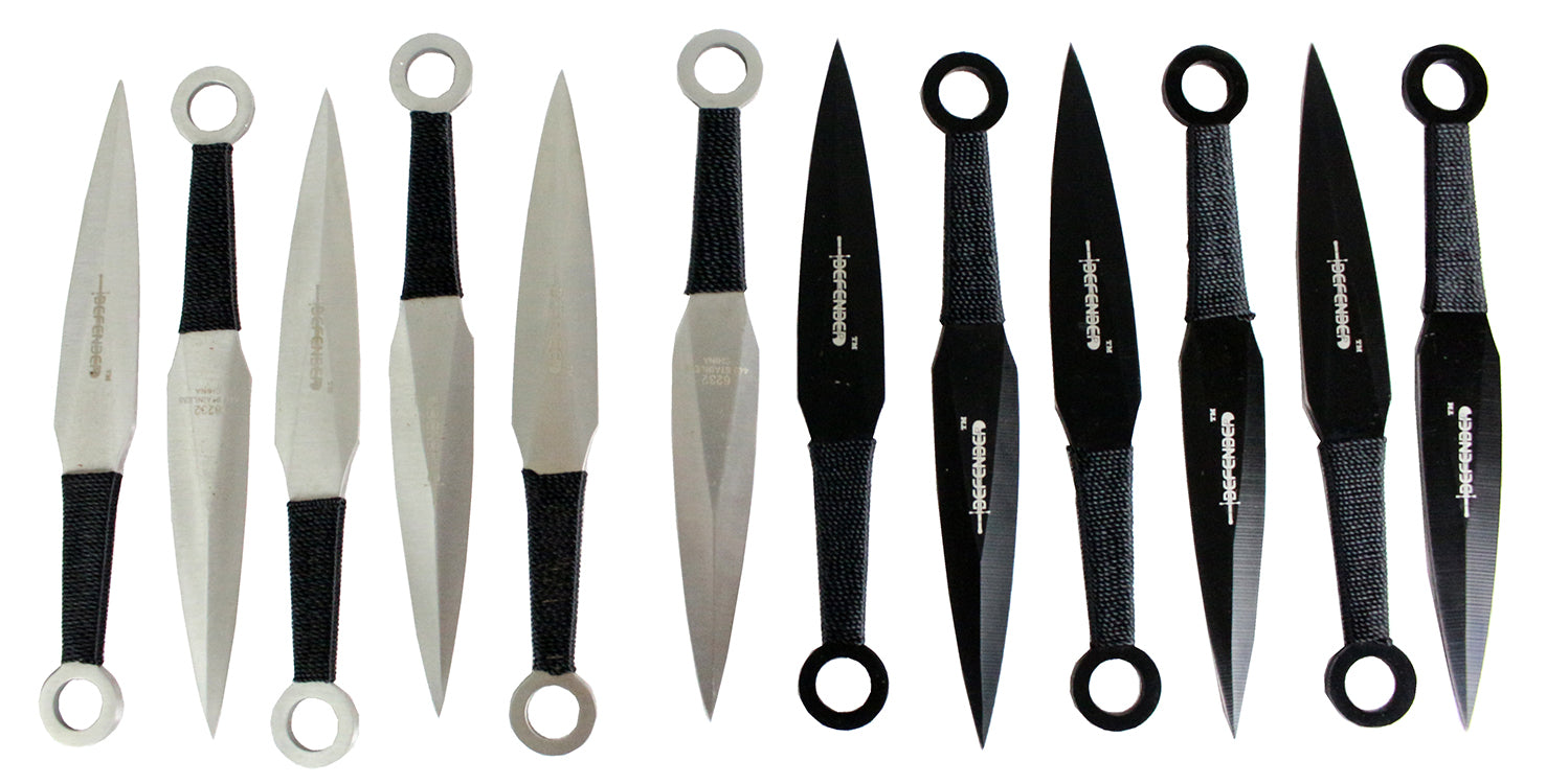 Defender Ninja 12pc Black & Silver Throwing Knives Set with Pouch New